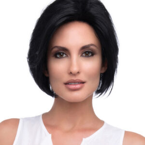 headshot of model wearing black chin length wig