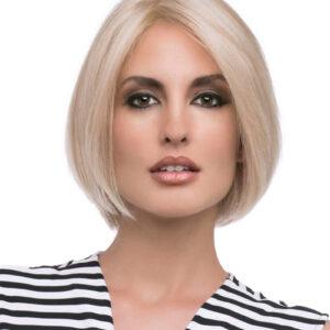 headshot of model wearing blonde chin length wig