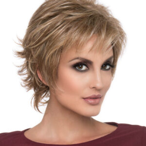 headshot of model wearing golden chin length wig