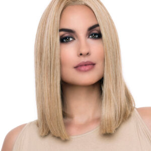 headshot of model wearing blonde shoulder length wig