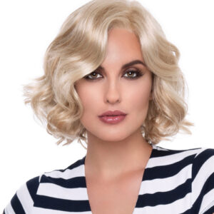 headshot of model wearing blonde chin length wig