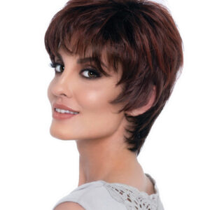 headshot of model wearing dark red pixie cut style wig