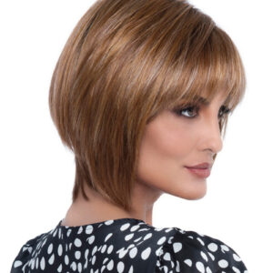 side profile of model wearing red chin length wig with bangs