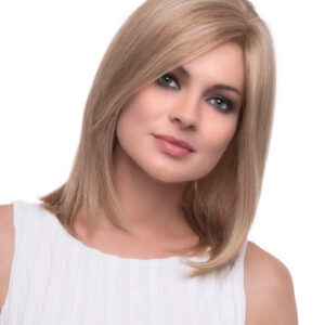 headshot of model wearing blonde shoulder length wig