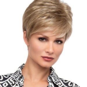 headshot of model wearing blonde pixie cut style wig