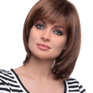 headshot of model wearing brown layered chin length wig