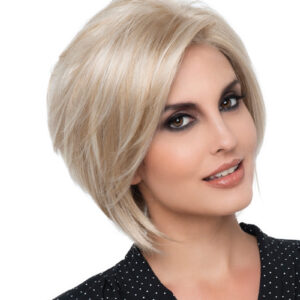 headshot of model wearing blonde bob style wig