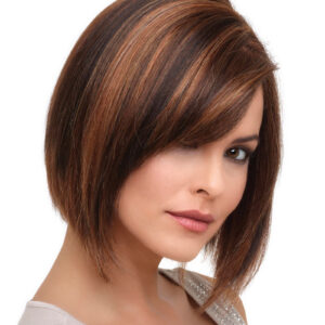 headshot of model wearing red bob style wig
