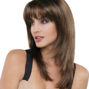 model wearing brown layered wig with bangs