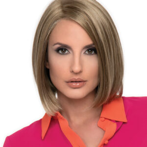 headshot of model wearing blonde chin length wig