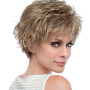 headshot of model wearing dirty blonde spiky wig
