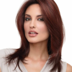 shoulders up view of model wearing dark red shoulder length layered wig