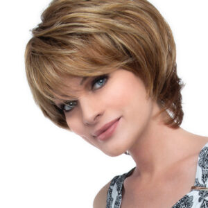 model wearing red blonde short style wig
