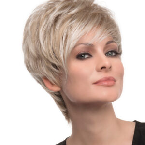 headshot of model wearing blonde pixie style wig