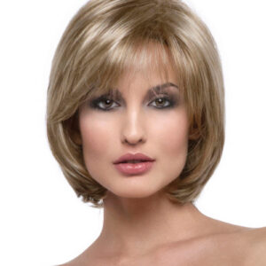 headshot of model wearing blonde chin length wig