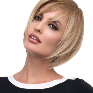headshot of model wearing blonde chin length bob wig
