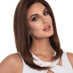 Headshot of model wearing brown shoulder length style wig