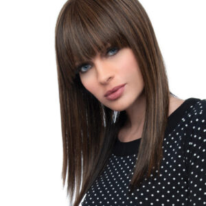 headshot of model wearing long brown wig with bangs