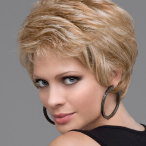 model lookin over her shoulder wearing blonde wig