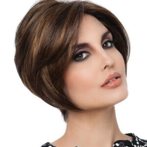 Headshot of model wearing brown chin length wig