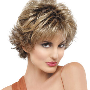 Headshot of model wearing spiky bob style wig